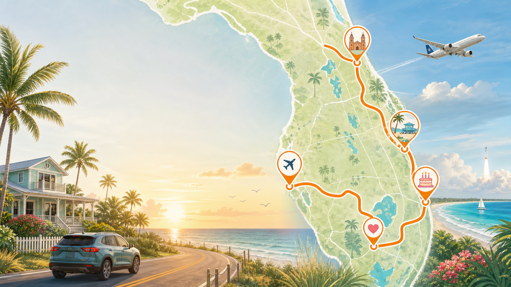 Illustrated Florida route map from Tampa to St. Augustine, Melbourne, Port St. Lucie, and Orlando